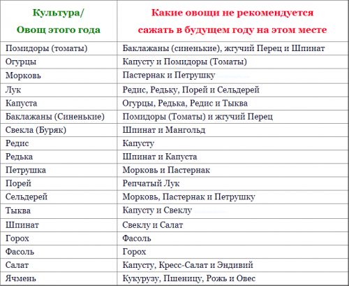 Таблица овощей