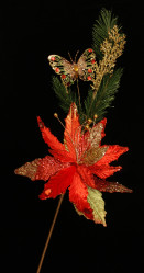 Ветка с красной бархатной пуансеттией с золотом TLN1210