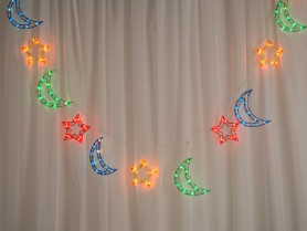 Эл.гирл. Бахрома-Звезда-Месяц (2,3м.х0,25м.) 120л, нить Белая, свечение Мульти 2314992 (СЛ)